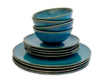 Handcrafted Stoneware Tableware Set from Portugal 12 Pieces for People,  Blue Green Cream Color Palette