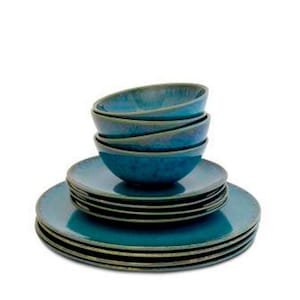 Handcrafted Stoneware Tableware Set from Portugal - 12 Pieces for 4 People, Blue Green Cream Color Palette