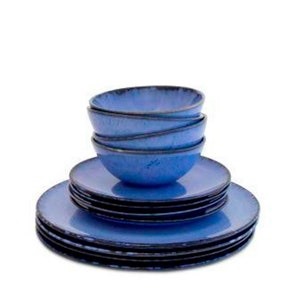 Portuguese Ceramic Dining Set - 12-Piece Stoneware Dinnerware in Blue Green Cream, Handcrafted