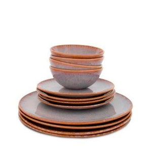 Handcrafted Stoneware Tableware Set from Portugal - 12 Pieces for 4 People, Blue Green Cream Color Palette