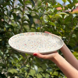 Pode incluir: Um prato de cerâmica branco com um padrão salpicado de cores. O prato tem uma borda branca e é decorado com pequenos pontos coloridos.