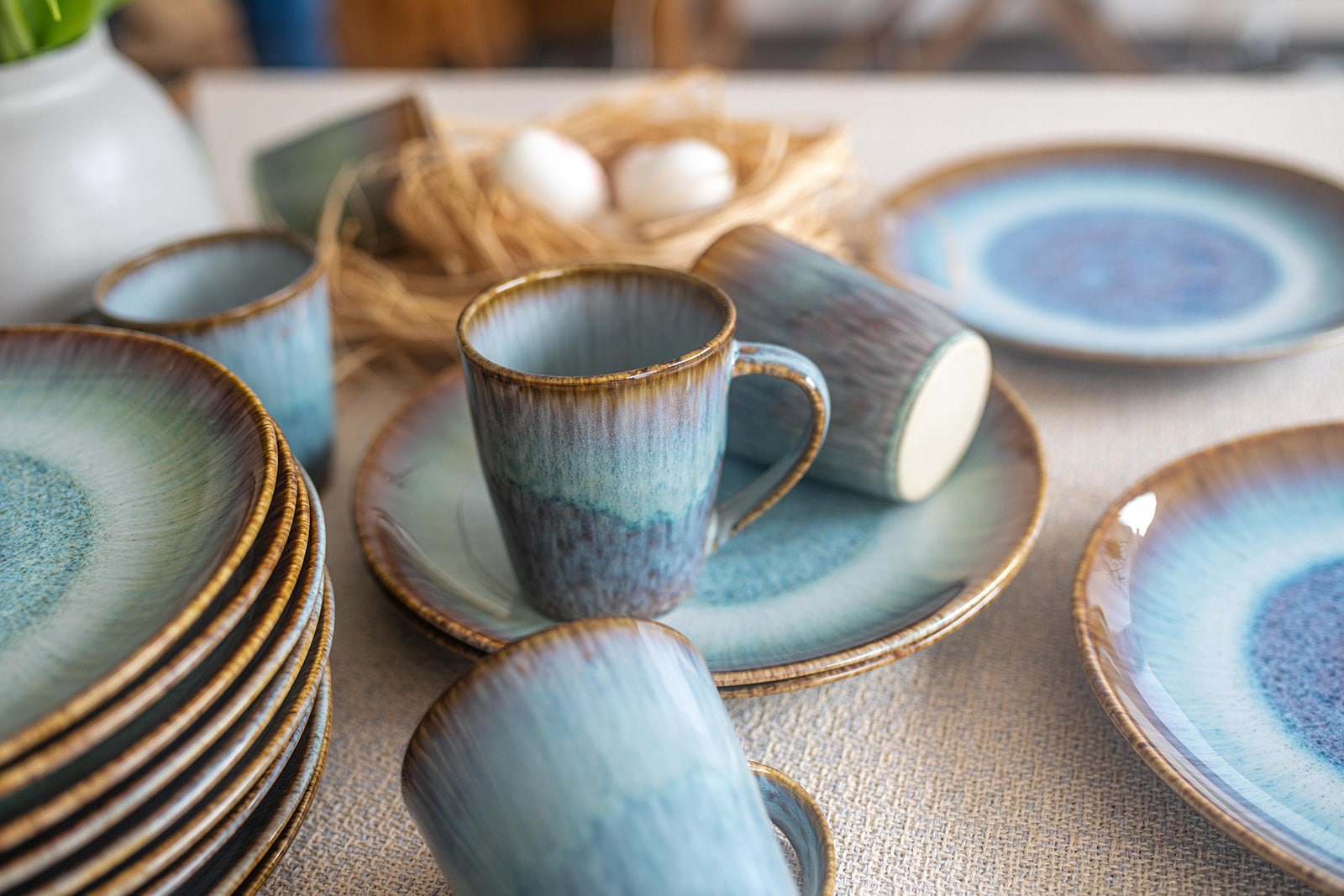 Dinnerware set for 12 I Handmade blue ceramic plates I Set of 12