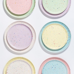 Könnte beinhalten: Sechs Keramikplatten in Pastelltönen wie Rosa, Grün, Lila, Gelb und Blau. Jede Platte hat ein gesprenkeltes Design mit mehreren Farben. Die Teller sind paarweise angeordnet, wobei ein kleinerer Teller in einem größeren liegt.