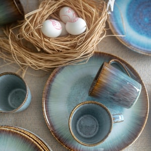 Set of Handcrafted Plates and Mugs for 4 people in Blue and Green Stoneware