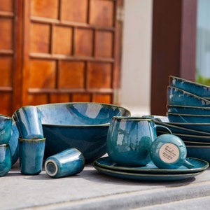 Portuguese Ceramic Dinner Set for 4 - 16 Piece Stoneware Collection in Blue, Green, and Cream