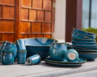 Portuguese Ceramic Dinner Set for 16 Piece Stoneware Collection in  Blue, Green, and Cream