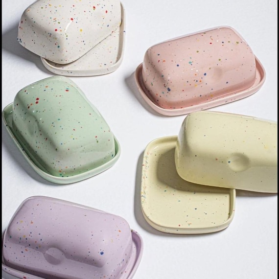 Keramik Butterschale Butter dish Butterdose Butterbehälter Bunt Weiß Gelb Rosa Pink Grün Lila Geschenke