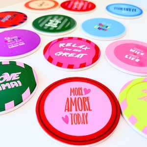 Ceramic Coasters “COLORFUL” – Set of 6 Designs | Round | Glossy Finish | Ø 10.8 cm
