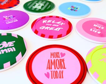Ceramic Coasters “COLORFUL” – Set of 6 Designs | Round | Glossy Finish | Ø 10.8 cm