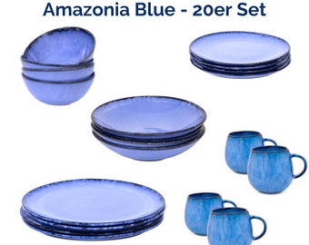 Artisanal Stoneware Dining Set from Portugal - Blue Ceramics - Handcrafted for 4 People