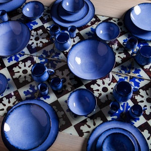 Handmade Stoneware Dinnerware Set from Portugal - 16 Pieces in Blue, Green, and Cream