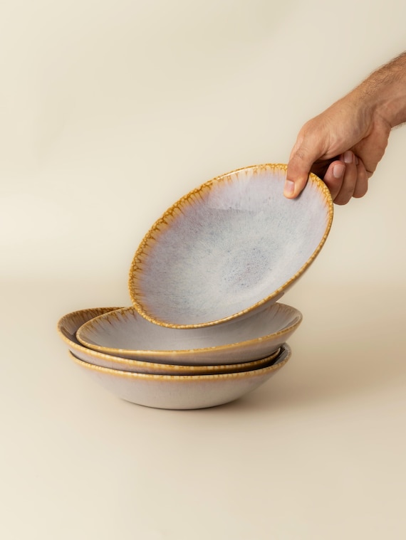 Tiefer Teller 4 Stück I Pastateller I Keramikteller I Stoneware Pasta Teller I creme grün blau Teller I Geschirr