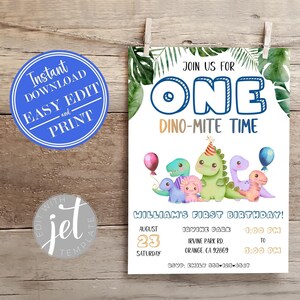 Dinosaur Birthday Invitation 5x7 | Dino-Mite 1st Birthday | T-Rex First Birthday | Dino Party Invite | Instant Access Editable Template