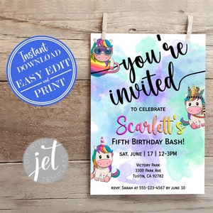 Unicorn Birthday Invitation 5x7 Card | Rainbow Birthday | Unicorn Party Invite | Unicorn Tea Party | Instant Access Editable Template