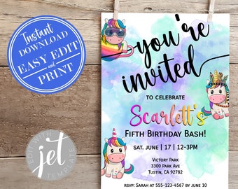 Unicorn Birthday Invitation 5x7 Card | Rainbow Birthday | Unicorn Party Invite | Unicorn Tea Party | Instant Access Editable Template