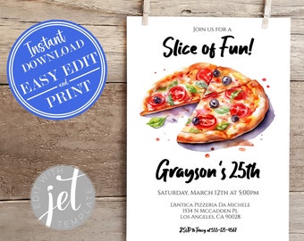 Pizza Birthday Party Invitation 5x7 | Pizza Party Invite | Any Age Italian Pizza Party Birthday Invite | Instant Access Editable Template