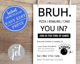 Bowling Birthday Invitation 5x7 | Bowling Birthday Party | Arcade Birthday | Bowling Party Invitation | Instant Access Editable Template