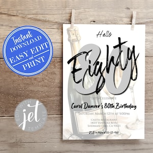 80th Birthday Invitation 5x7 | Simple Modern 80th Invite | Elegant 80th Birthday | 80th Party Invitation | Instant Access Editable Template