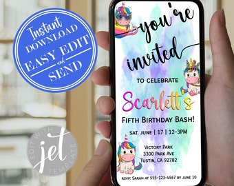 Unicorn Birthday Phone Invitation | Rainbow Birthday | Unicorn Party Invite | Unicorn Tea Party | Instant Access Editable Template