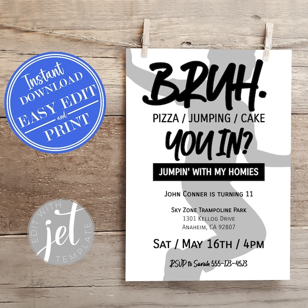 Jump Birthday Invitation 5x7 | Trampoline Birthday Party | Bounce House Party Invite | Lets Jump Party | Instant Access Editable Template