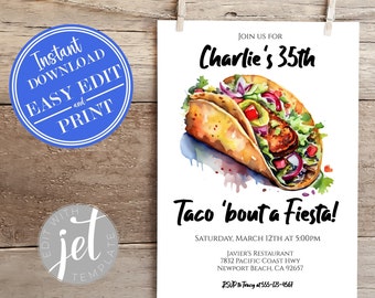 May include: A white invitation card featuring a watercolour illustration of a taco, held by a wooden peg. The text reads "Join us for Charlie's 35th" and "Taco 'bout a Fiesta!" with event details. Includes "Instant Download, Easy Edit, and Print" text.