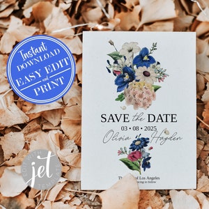 Réservez la date | Invitation florale somptueuse d'aquarelle de bleu royal | Modèle 5x7 | Bohème | Moderne | Accès instantané modifiable avec le modèle Jet