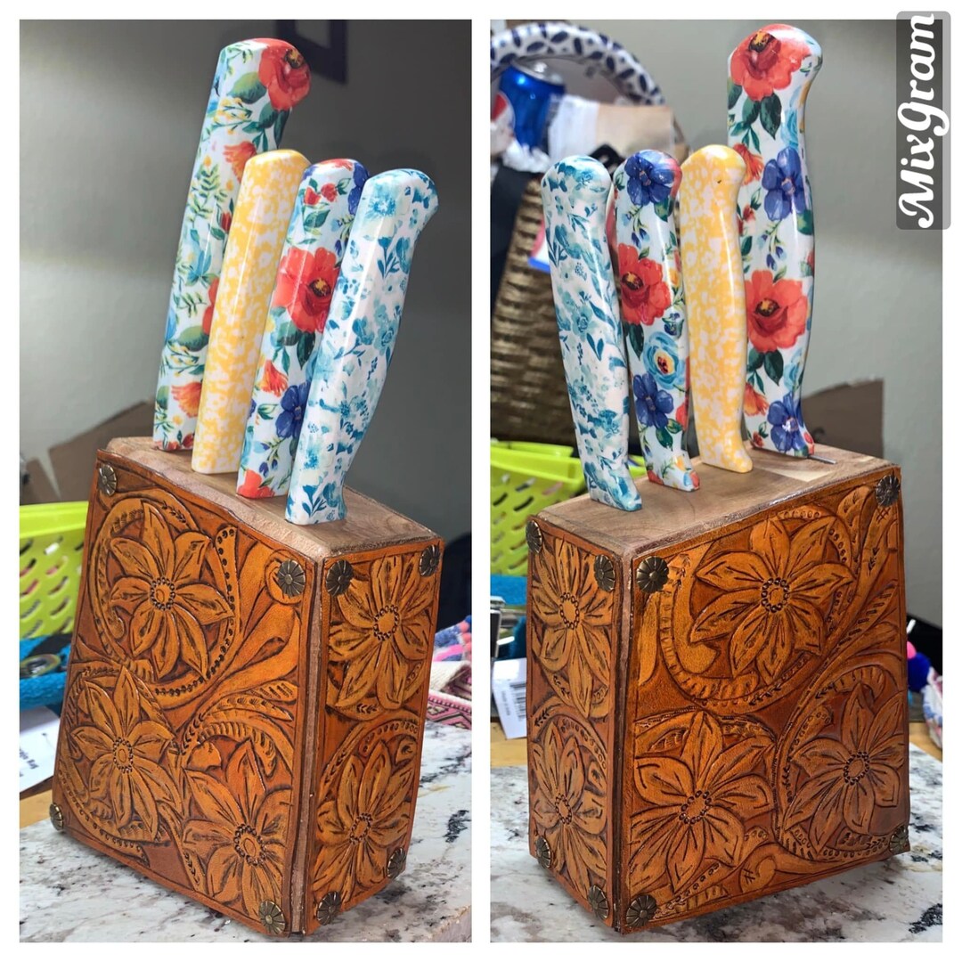 Leather Tooled Knife Block Etsy