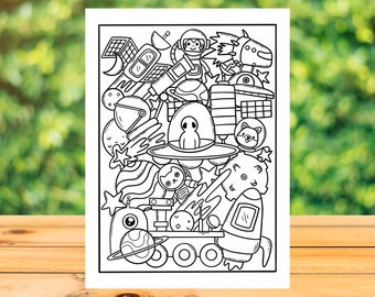 May include: A black and white line drawing of a space-themed doodle with a rocket, a UFO, a satellite, a planet, and a cat astronaut.