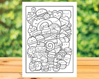 DESSERTS Cute Digital Coloring Page, Sweets Doodle Adult Coloring Book, Printable Colouring Sheet, Instant Download!
