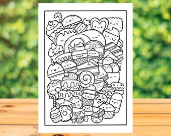 DESSERTS Cute Digital Coloring Page, Sweets Doodle Adult Coloring Book, Printable Colouring Sheet, Instant Download!