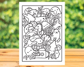 OCEAN Animals Doodle Coloring Page, Cute SEA Digital Adult Coloring Print, Printable Colouring Sheet, Instant Download!