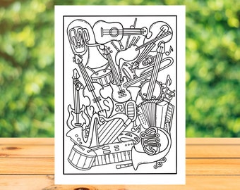 MUSIC Cute Doodle Coloring Page, MUSICAL Digital Adult Coloring Print, Printable Colouring Sheet, Instant Download!