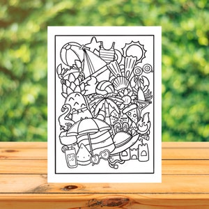 SUMMER Cute Doodle Coloring Page, Beach Vacation Digital Adult Coloring Print, Printable Colouring Sheet, Instant Download!