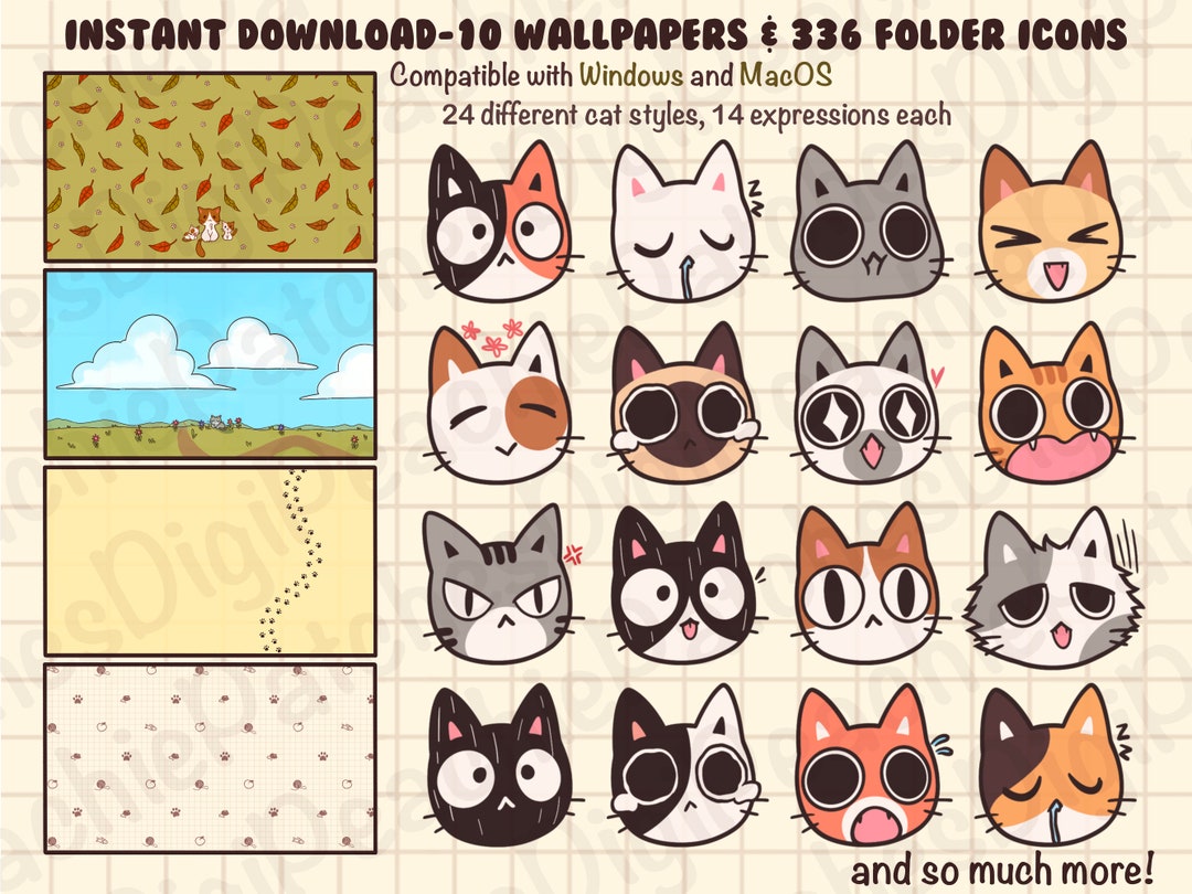 Cute Cat Folder Icons Neutral Denim Windows and (Instant Download) 