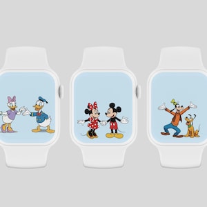 May include: Three white Apple Watch bands with different Disney character designs. The first band features Donald Duck and Daisy Duck. The second band features Mickey Mouse and Minnie Mouse. The third band features Goofy and Pluto.