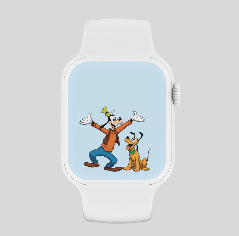 Puede incluir: Apple Watch blanca con una esfera azul que presenta una imagen de dibujos animados de Goofy y Pluto. Goofy lleva una camisa azul y un chaleco naranja, y Pluto es un perro marr&oacute;n y amarillo.
