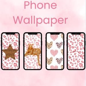 Pode incluir: Quatro papéis de parede para telefone com um padrão de estampa de leopardo rosa e marrom. Um papel de parede tem uma estrela, outro tem um leopardo, outro tem corações e outro tem apenas o padrão.