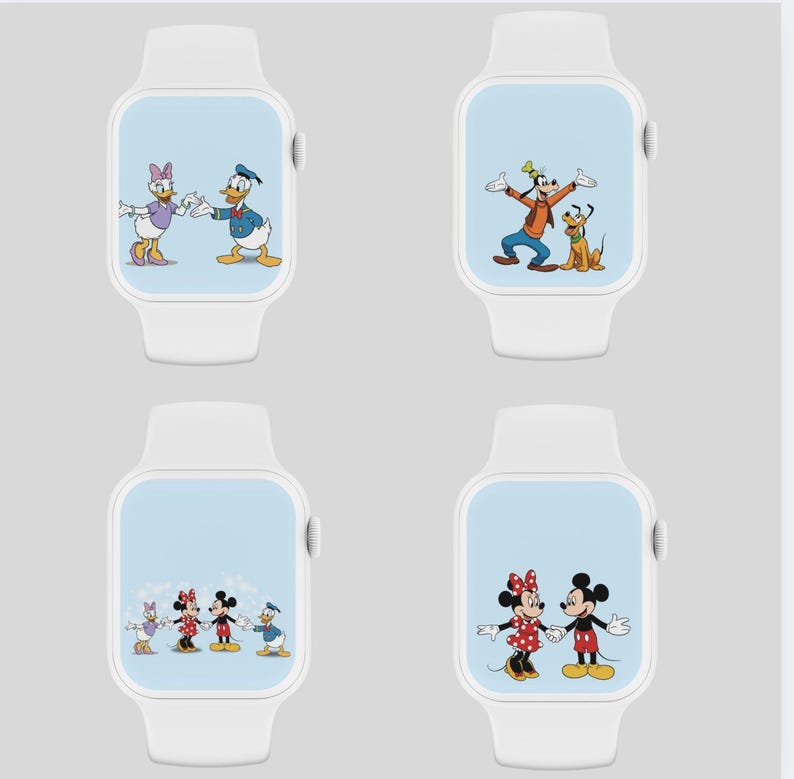 Puede incluir: Cuatro esferas de Apple Watch blancas con diferentes dise&ntilde;os de personajes de Disney. La esfera superior izquierda presenta a Donald Duck y Daisy Duck. La esfera superior derecha presenta a Goofy y Pluto. La esfera inferior izquierda presenta a Mickey Mouse y Minnie Mouse. La esfera inferior derecha presenta a Donald Duck y Daisy Duck.