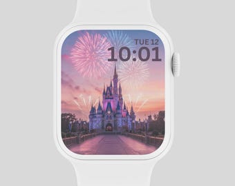 Fondo de pantalla de Magic Kingdom para Apple Watch, fondo festivo para el reloj, esfera de reloj de fuegos artificiales de Disney, estética de feliz año nuevo con dibujos animados de Mickey Mouse