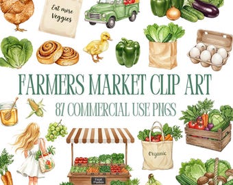 Watercolor Farmers Market Clipart, Locally Grown Clipart, Farmers Market PNG, Fruit Clipart, Vegetable Clipart, Flower Shop PNG, Trucks PNG