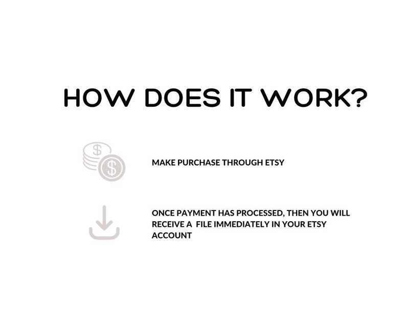 Puede incluir: C&oacute;mo funciona? Ilustraci&oacute;n que muestra c&oacute;mo comprar una descarga digital en Etsy. Primero, realiza una compra a trav&eacute;s de Etsy. Una vez que el pago se procese, recibir&aacute;s un archivo inmediatamente en tu cuenta de Etsy.