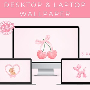 May include: Three pink desktop wallpapers featuring a pink cherry with a bow, a pink bunny in a heart, and a pink balloon poodle. The text "3 PACK!" is in the top right corner of the image.