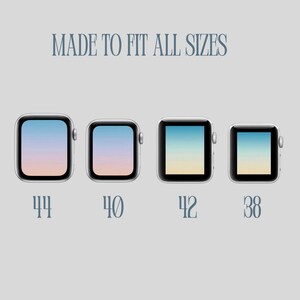 May include: Four different sizes of Apple Watch faces are shown, with a gradient background of pink, blue, and yellow. The sizes are 44mm, 40mm, 42mm, and 38mm. The text "MADE TO FIT ALL SIZES" is at the top of the image.