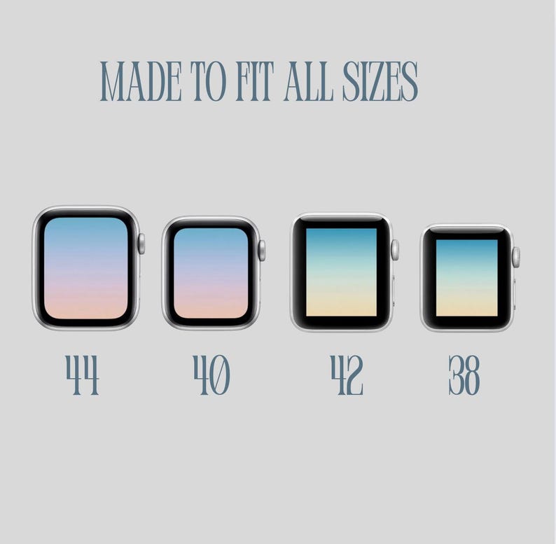 May include: Four different sizes of Apple Watch faces are shown, with a gradient background of pink, blue, and yellow. The sizes are 44mm, 40mm, 42mm, and 38mm. The text "MADE TO FIT ALL SIZES" is at the top of the image.