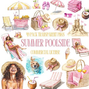 Paquete de imágenes prediseñadas de fiesta en la piscina con acuarela, imágenes prediseñadas de día en la piscina, gráficos de verano, cócteles, juguetes de piscina, temporada, chica de acuarela, pegatinas digitales