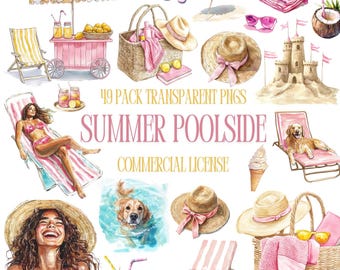 Watercolor Pool Party Clipart Bundle, Pool Day Clip Art, Summer graphics, Cocktail, Pool toys, seasonal, watercolor girl, digital stickers
