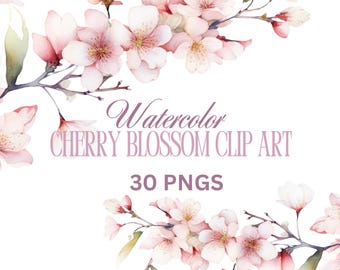 30 Watercolor Cherry Blossoms Clipart, Cherry Blossoms, Sakura Clipart, Floral Clipart, Premade Clipart, Wedding Clipart, Spring Clipart