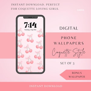 Pink BOW Cherry Wallpaper, Pink Bow Phone Wallpaper, Cherry Bow Coquette IPhone Wallpaper, Girly Wallpaper, Preppy Phone Wallpaper, Instant
