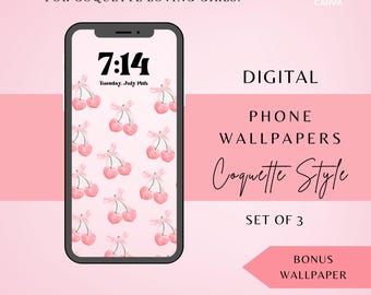 Pink BOW Cherry Wallpaper, Pink Bow Phone Wallpaper, Cherry Bow Coquette IPhone Wallpaper, Girly Wallpaper, Preppy Phone Wallpaper, Instant