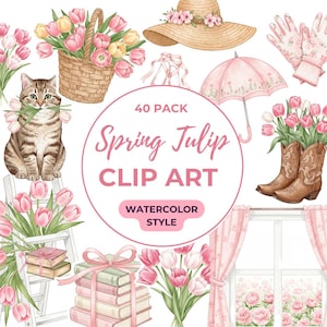 May include: A set of 40 watercolor clip art images featuring spring tulips in various arrangements. The images include tulips in a basket, a vase, a cowboy boot, and a ladder. Other images include a cat, a hat, an umbrella, a window with curtains, and a stack of books.